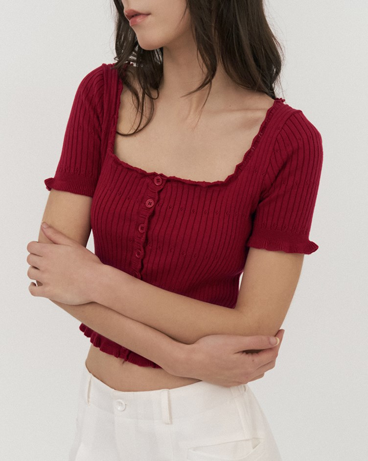 大U領排釦針織短袖上衣