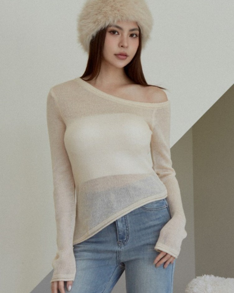 微透膚斜肩針織上衣