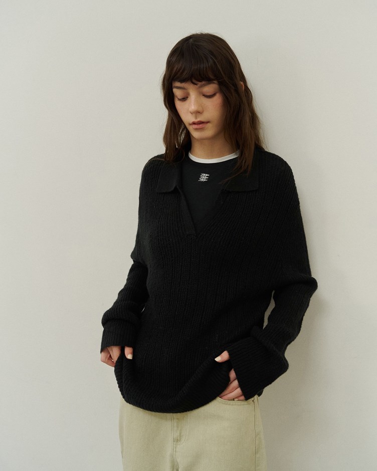 直紋簍空感翻領針織毛衣