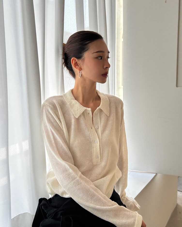 Polo領透肌針織上衣