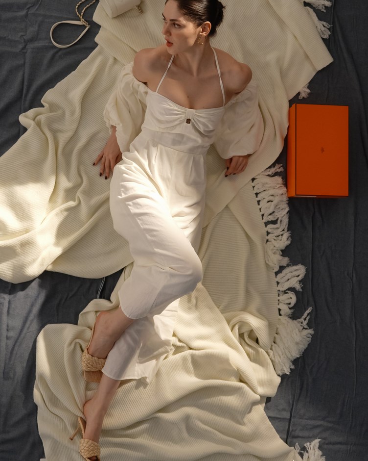 天然棉麻｜浪漫平口露肩連身褲