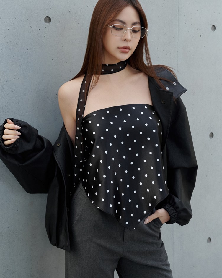 點點緞面綁帶三角絲巾