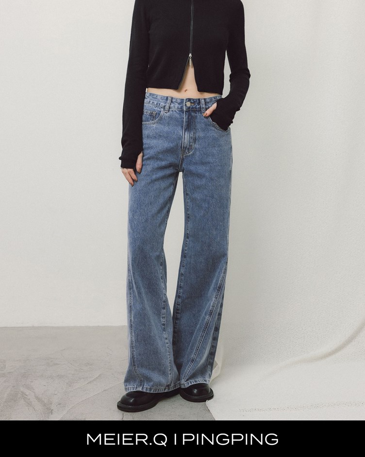 pingping-率性洗舊側剪接牛仔褲