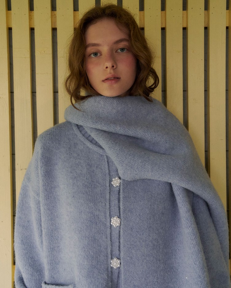 舒適羊駝毛花朵珍珠釦外套