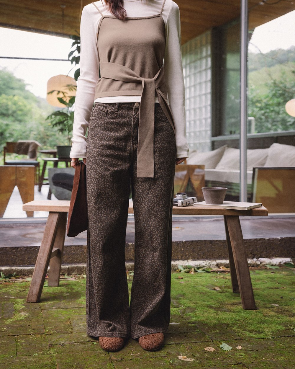 修身豹紋直筒長褲