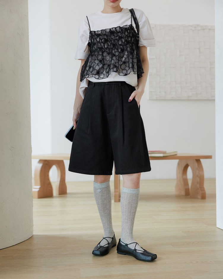 寬版打褶卡其六分褲