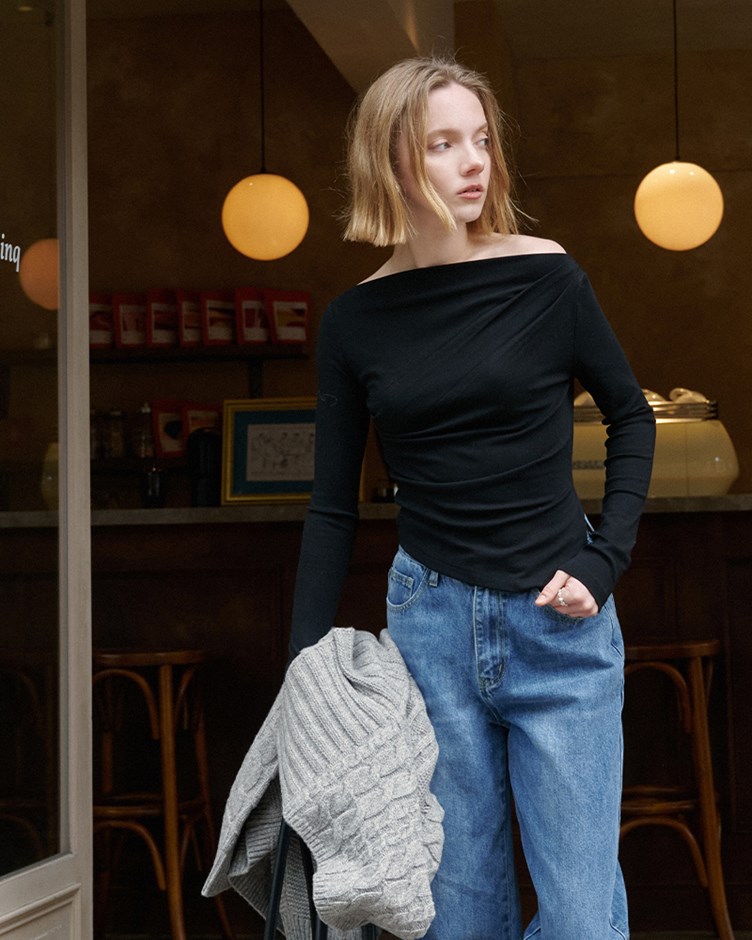 抓皺側開岔長袖上衣