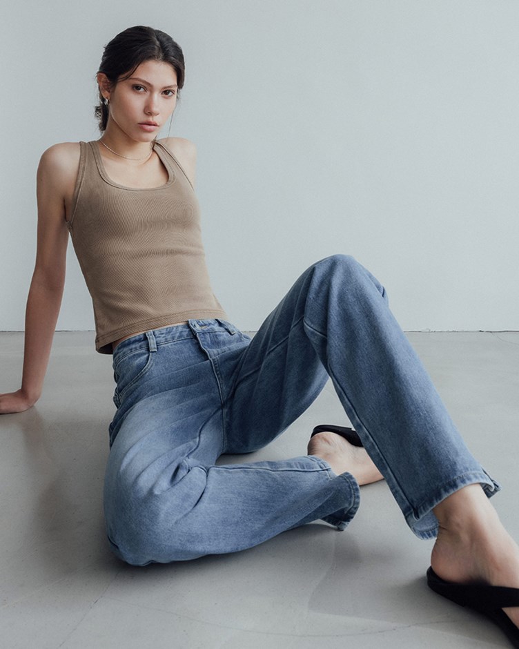 側開岔窄直筒牛仔長褲