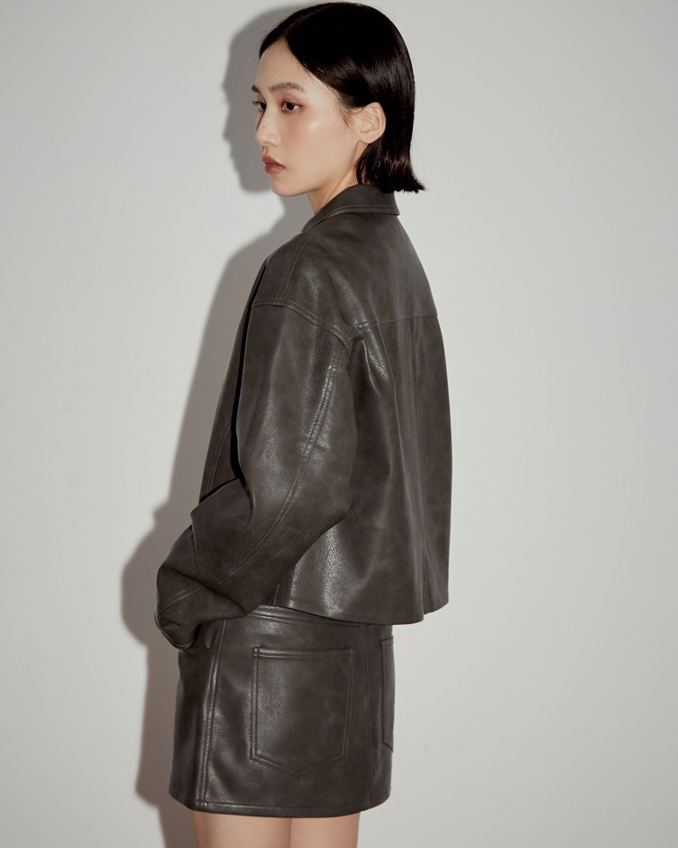 率性紋理皮革雙拉鍊外套