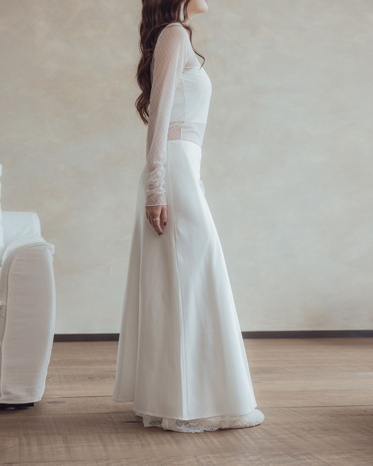 霧光花邊拼接長裙