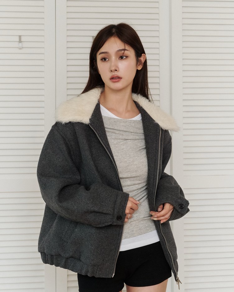 毛絨翻領設計感鋪棉外套