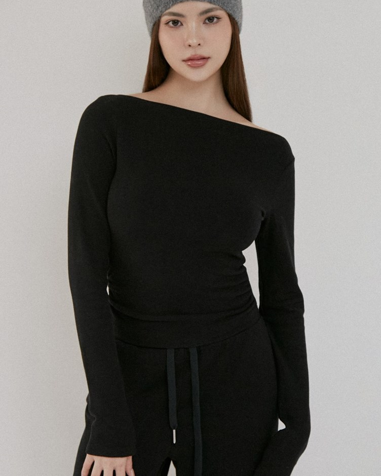 磨毛蓄熱斜肩長袖上衣
