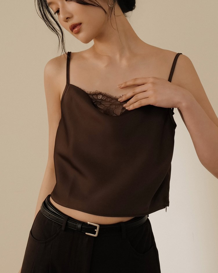 睫毛蕾絲垂領緞面背心