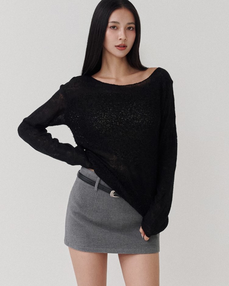 毛毛感拼接斜肩針織上衣