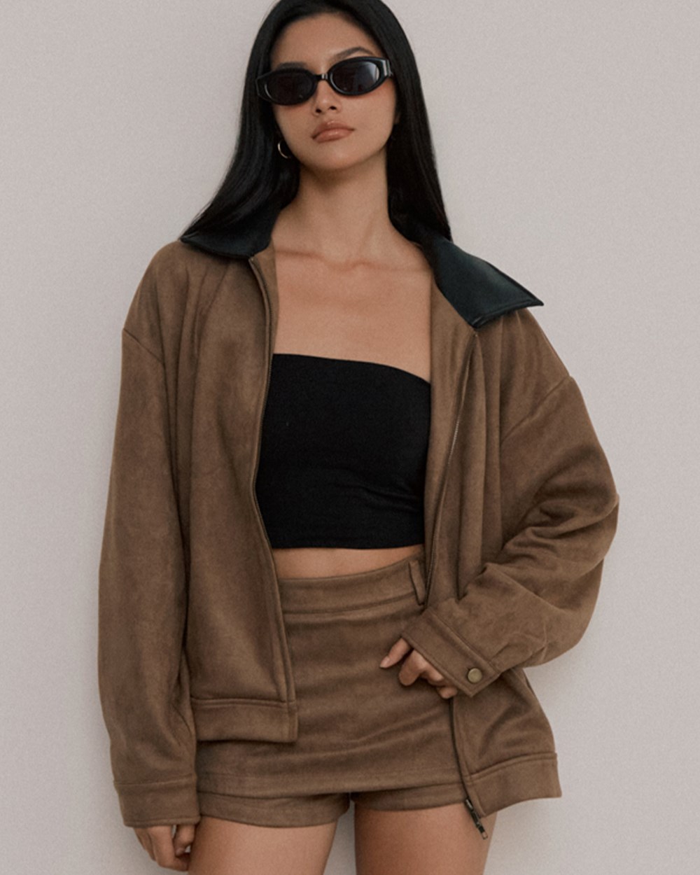 質感皮革拼接麂皮外套