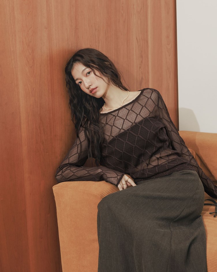 網格透膚圓領上衣