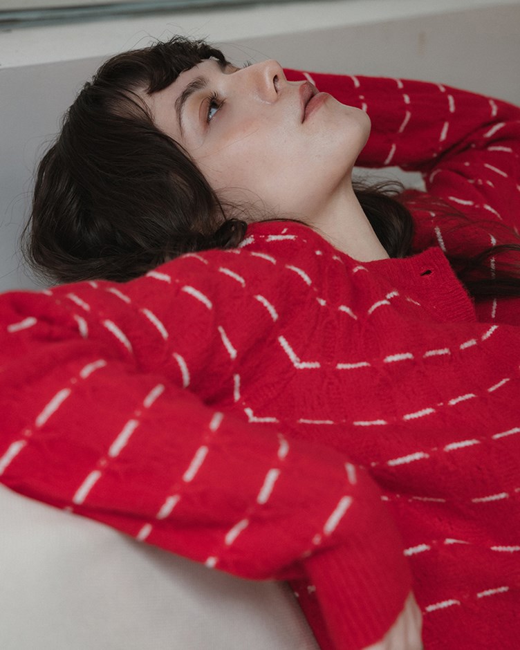 毛感針織條紋排釦上衣