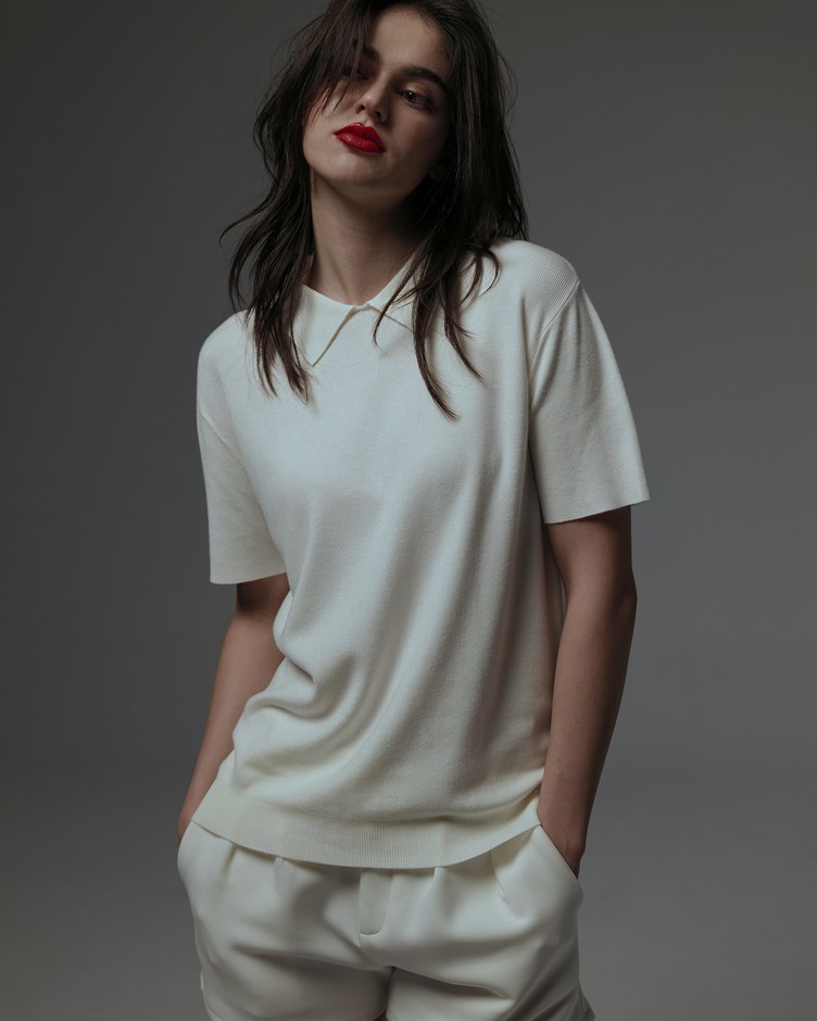 靜奢極簡人造絲POLO針織衫