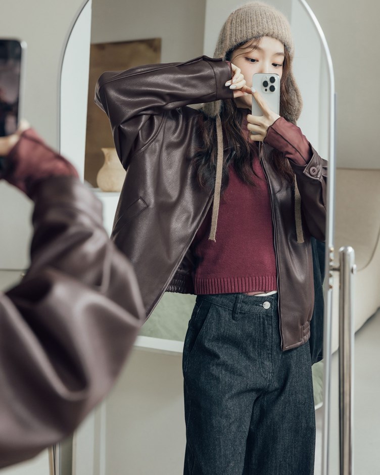 紋理皮革雙拉鍊夾克外套