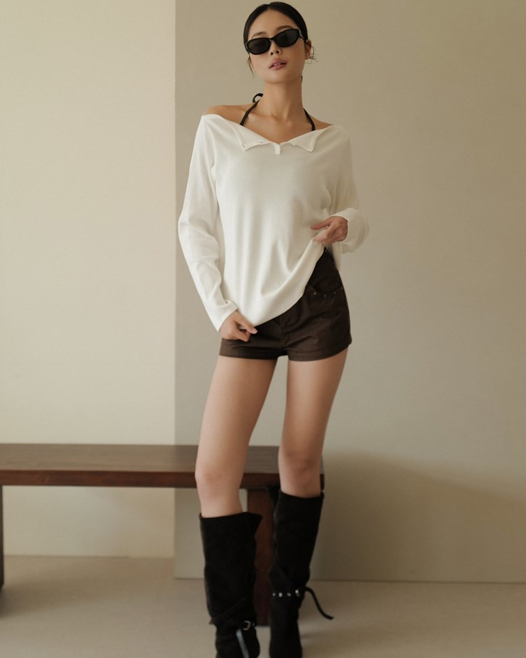 翻領開釦冰絲長袖上衣