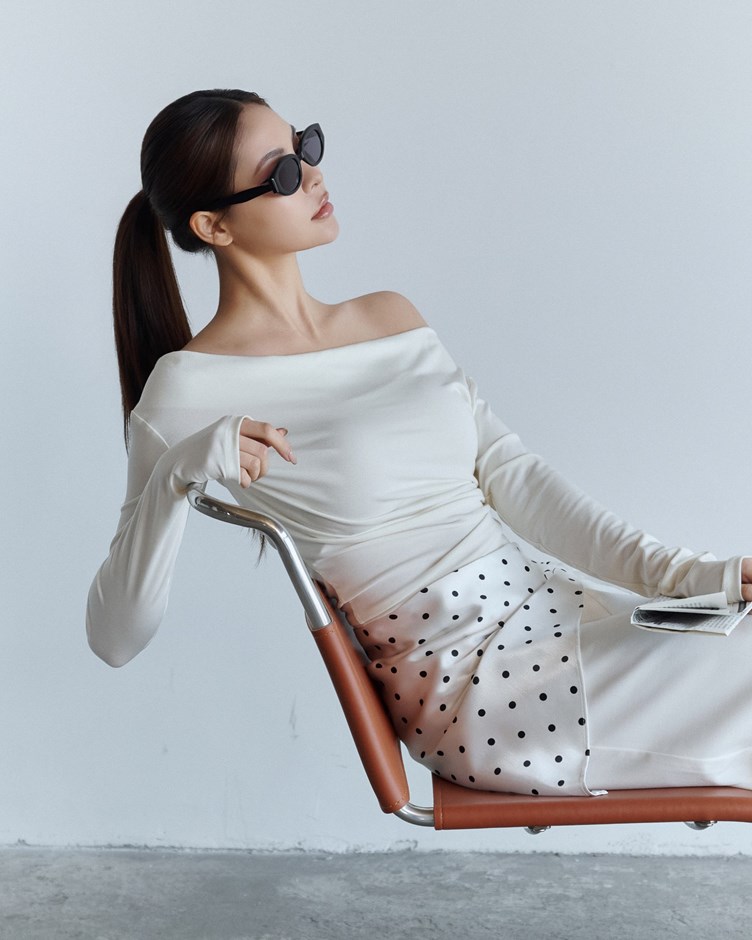 2WAY拼接網紗垂領長袖上衣