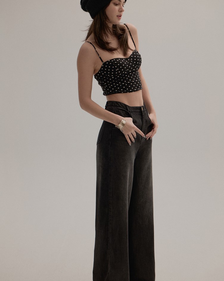 人造絲柔墜修身寬版丹寧褲