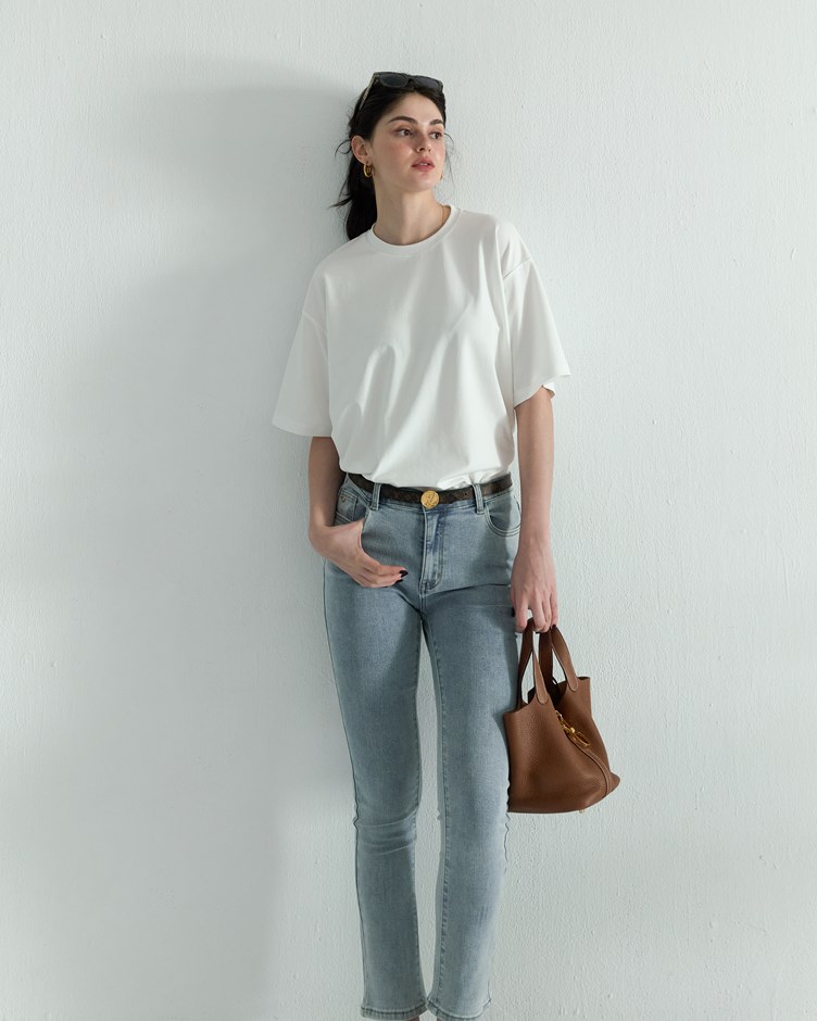 棉質彈性｜水洗淺藍直筒牛仔褲