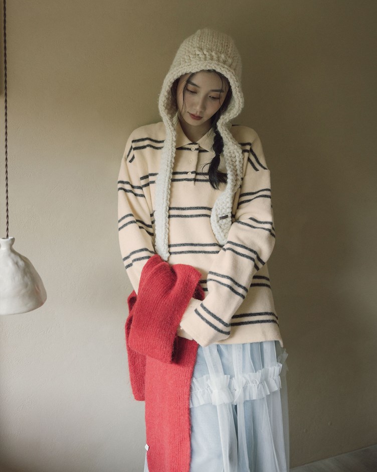 磨毛感橫紋配色POLO上衣