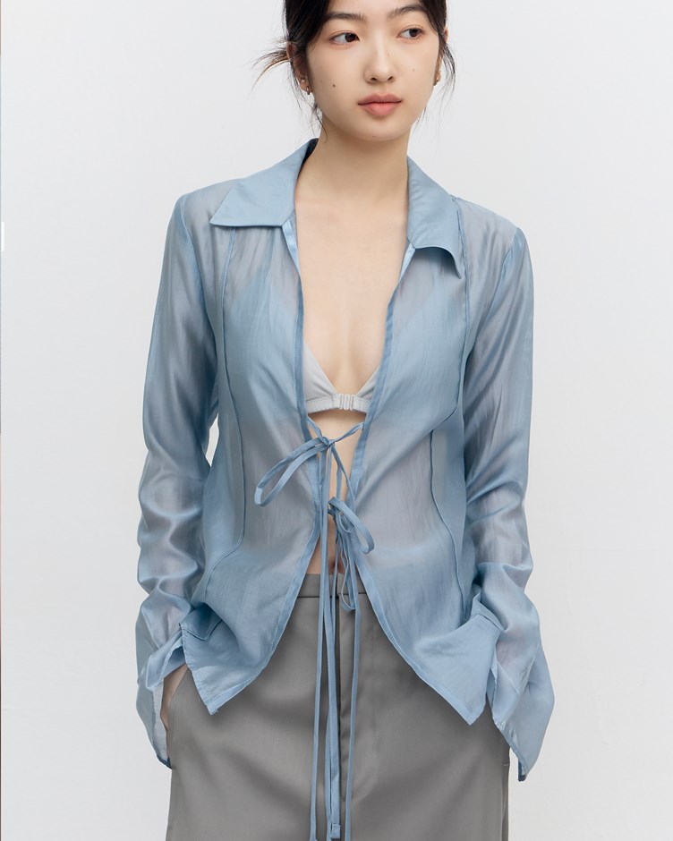 透紗綁帶開襟襯衫