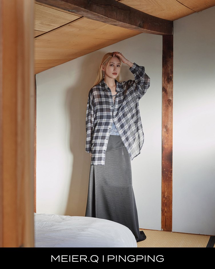 pingping-透肌格紋寬鬆襯衫