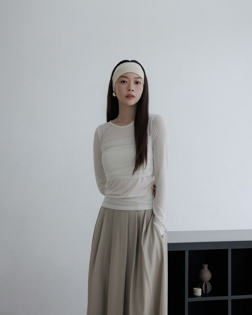 雙層抽皺拼紗長袖上衣