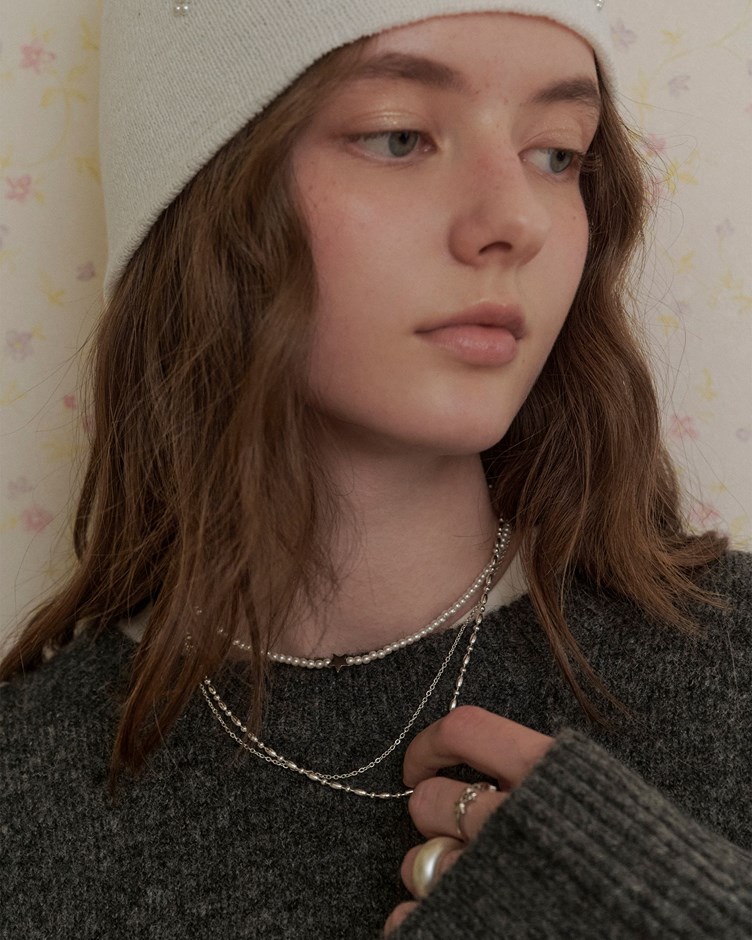 米粒橄欖珠小銀飾造型項鍊(雙鍊)