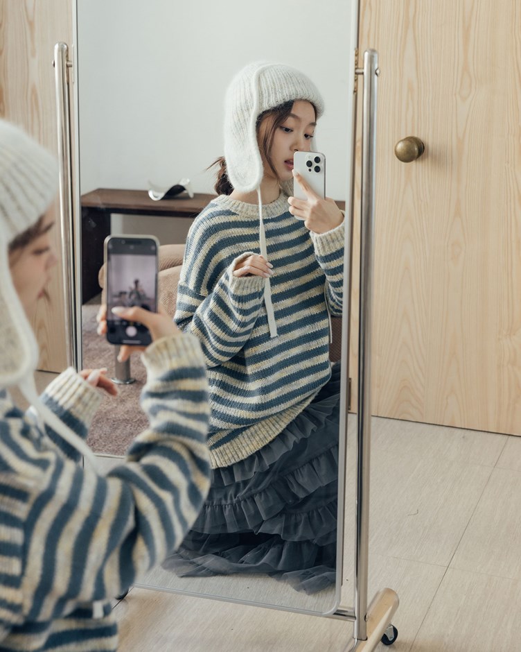 糖果條紋馬海毛針織上衣