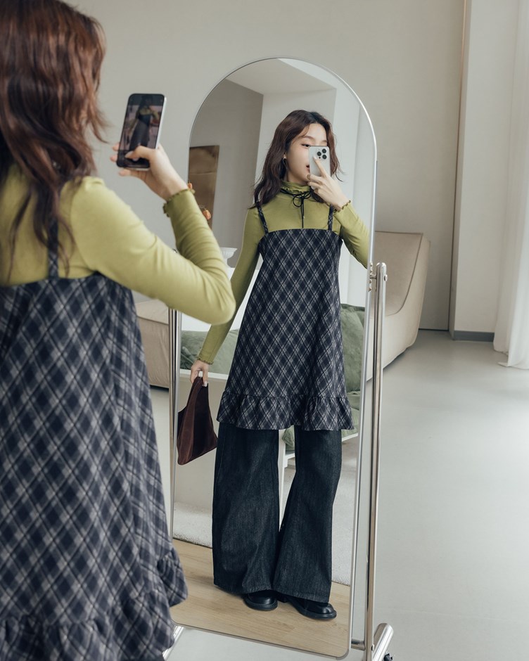 配色菱格紋毛呢短洋裝