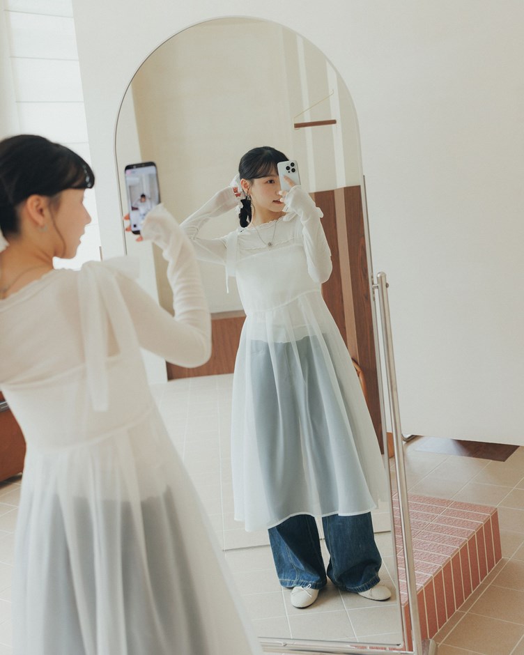 雙綁帶霧紗透肌感洋裝