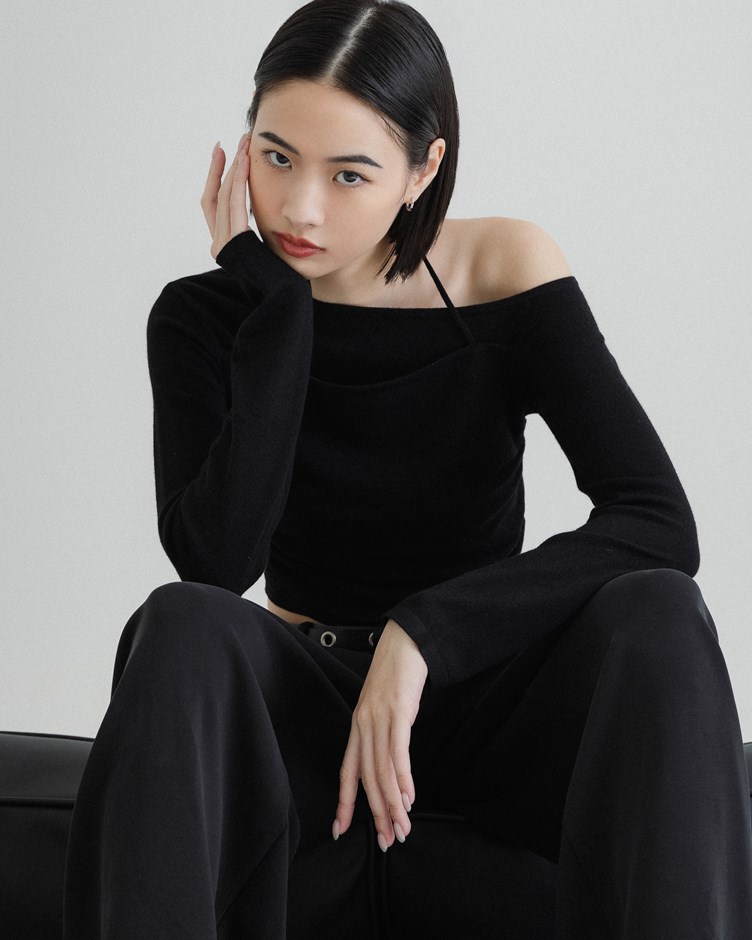 mi斜肩假兩件針織上衣