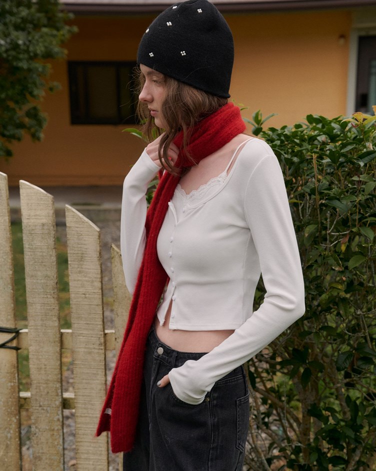 羊絨坑紋蕾絲排釦假兩件上衣