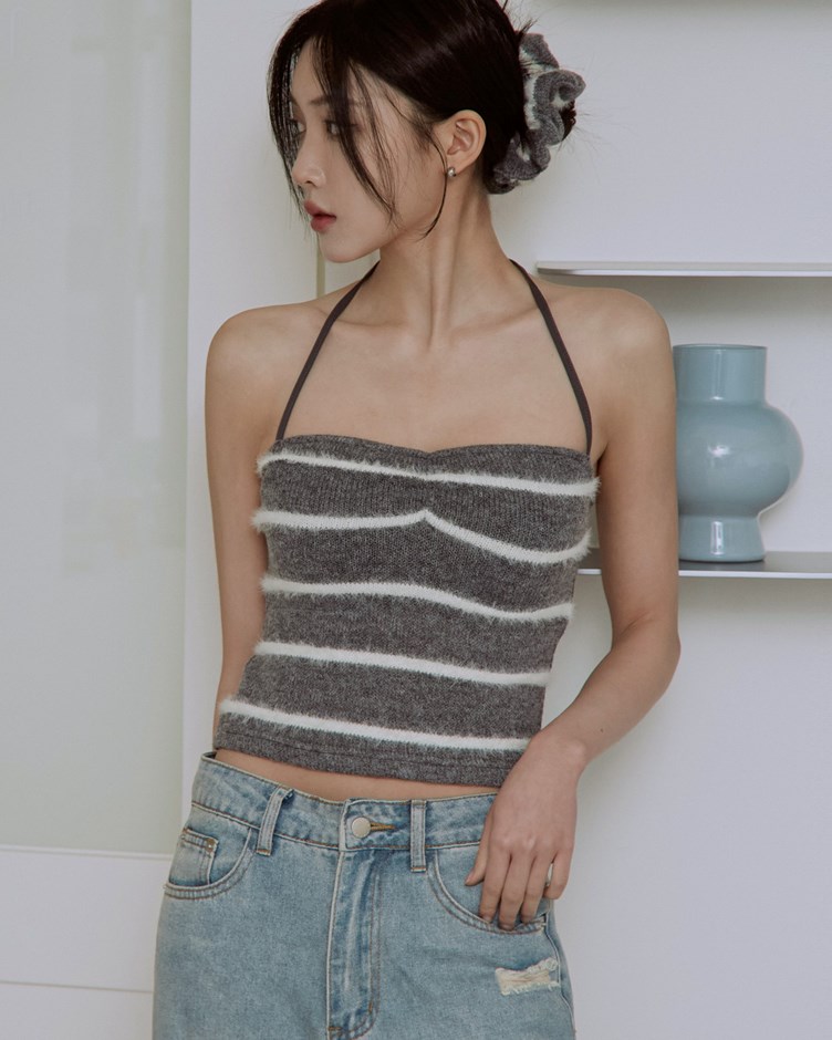 桃心領條紋針織綁帶背心(附大腸圈)