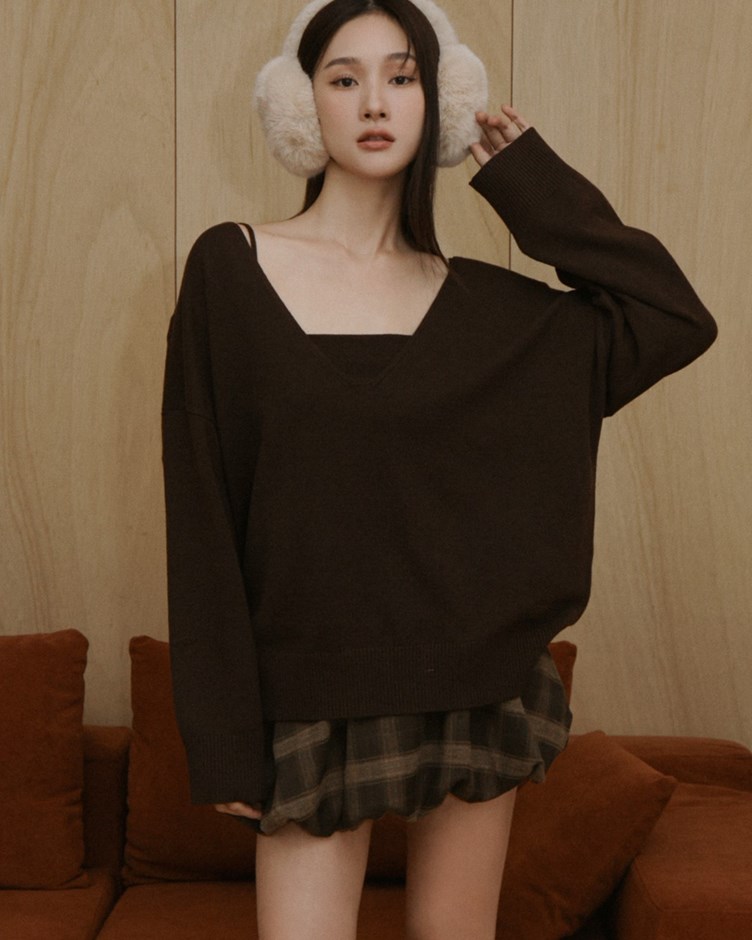 兩件式V領親膚針織毛衣