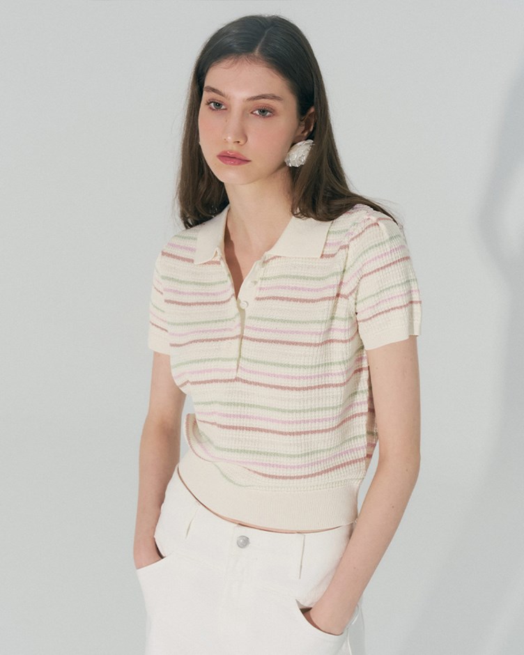 冰絲條紋排釦上衣