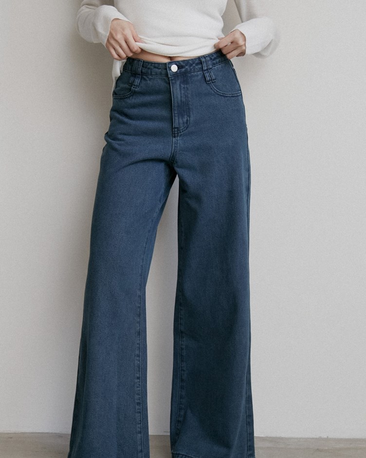 水洗直筒牛仔落地寬褲