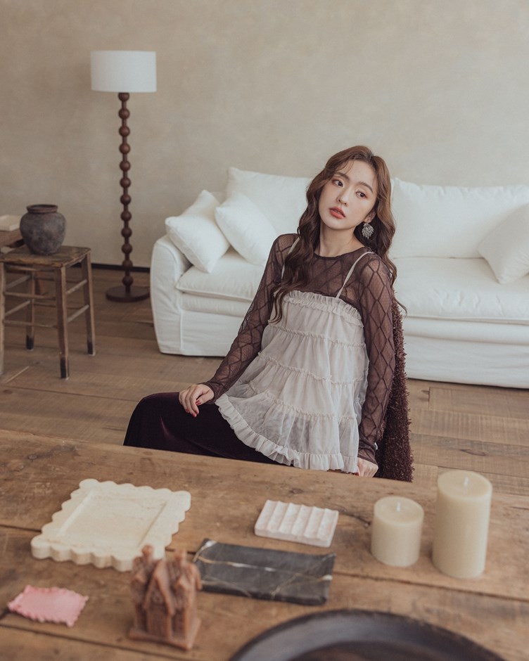 網格透膚圓領上衣