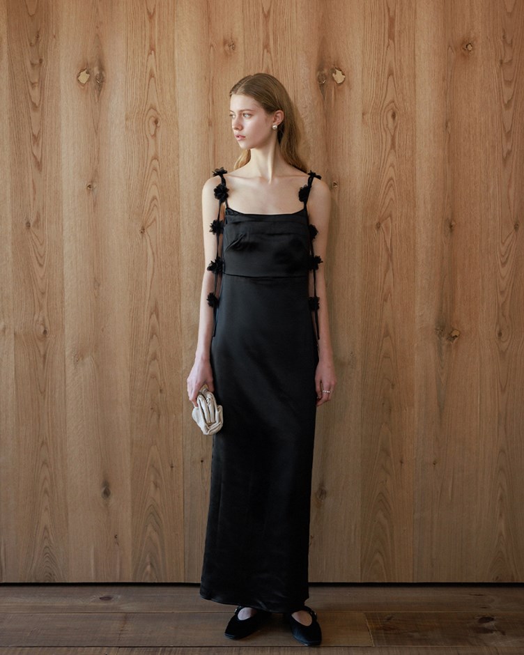 花朵抓皺光澤感長洋裝