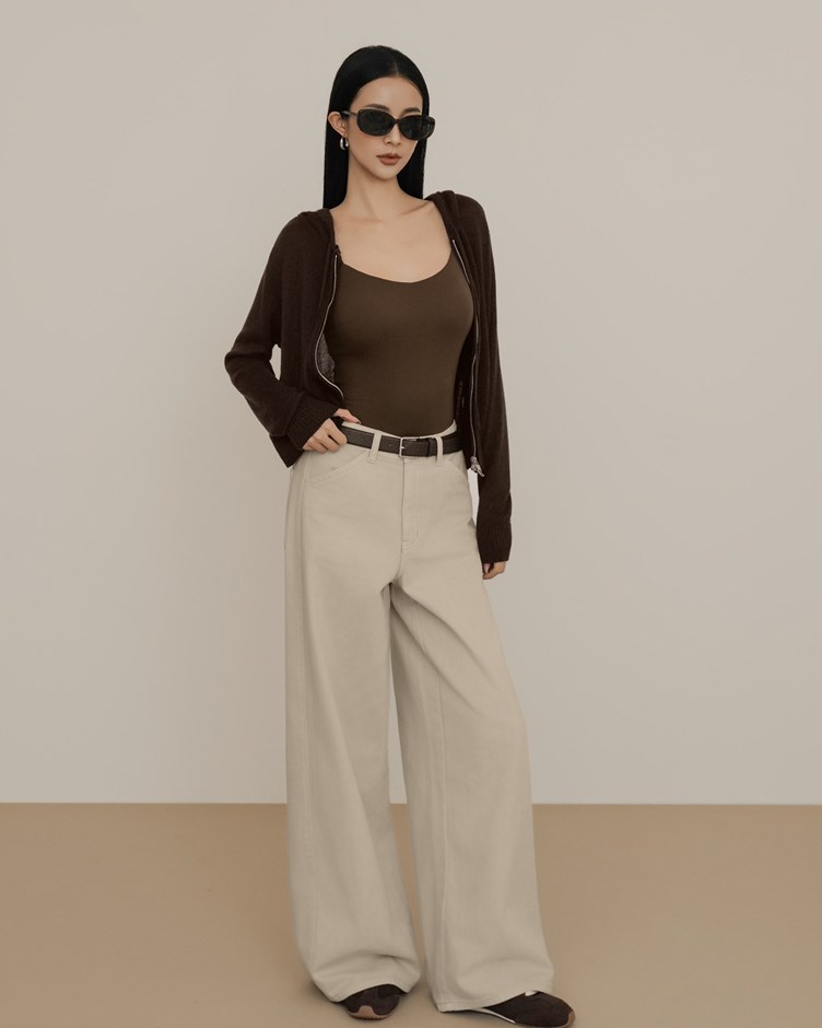 斜口袋側剪接線牛仔長褲