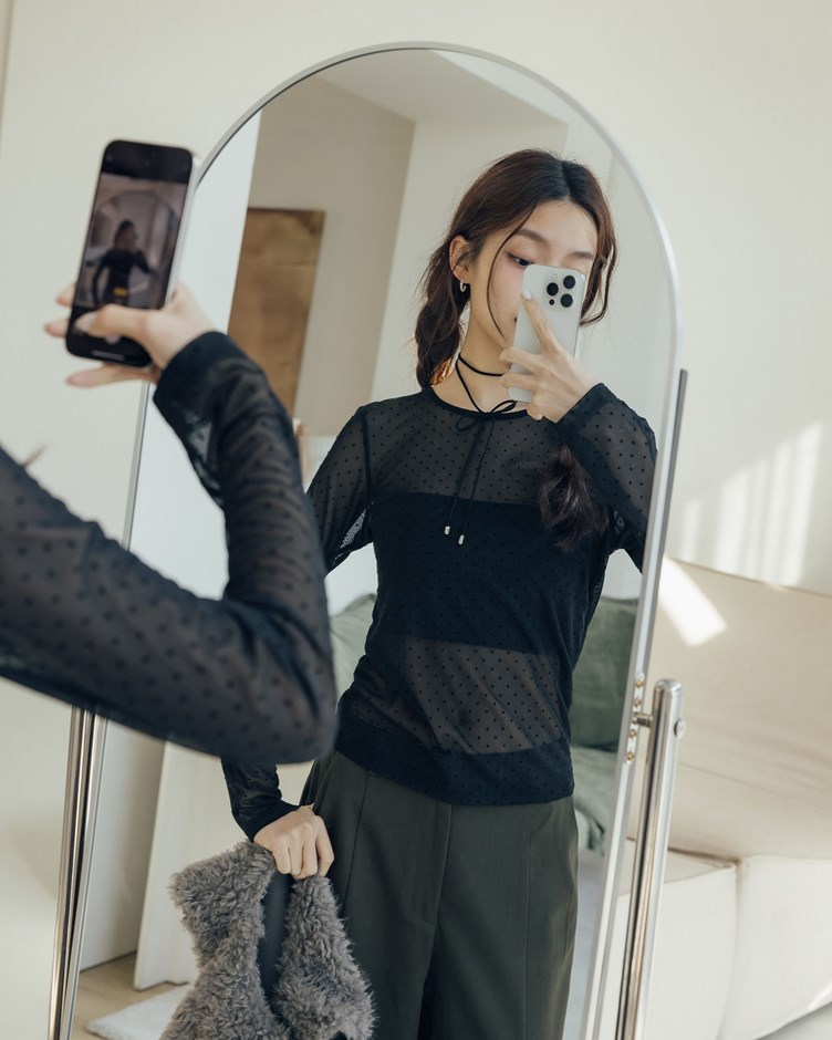 圓領點點透肌長袖上衣