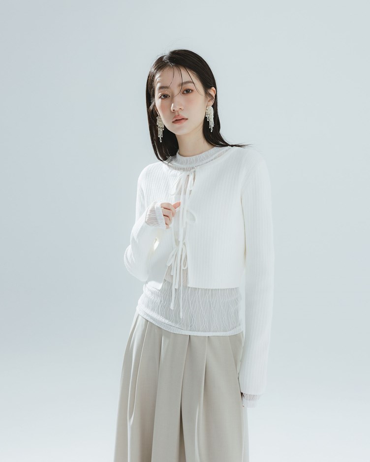 前開襟綁帶短版針織上衣