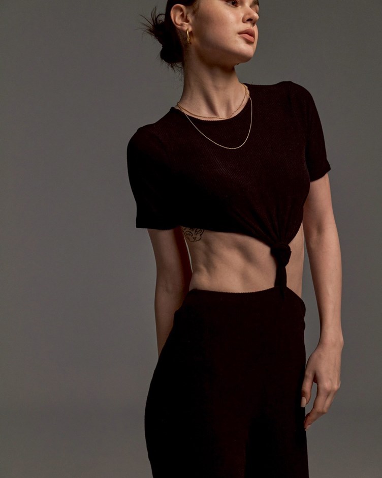 人造絲｜大露背扭結彈性連身褲