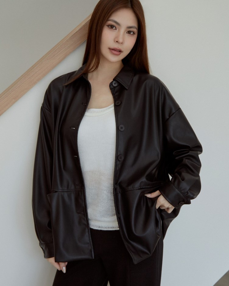 率性襯衫式皮外套
