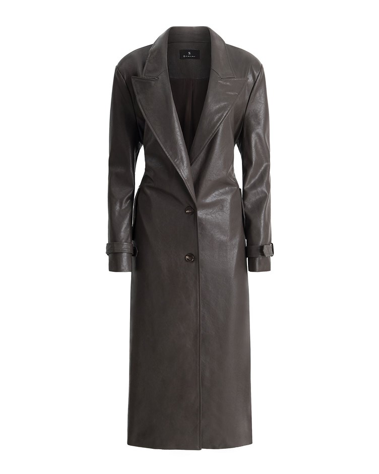 peak lapel leather trench coat