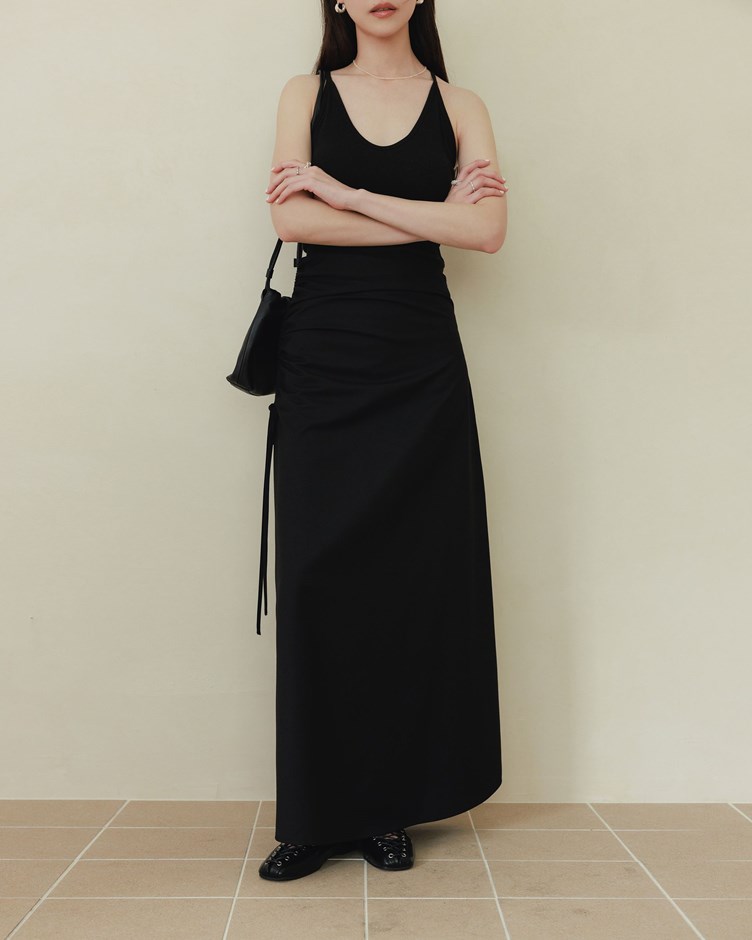 側抽皺綁繩長裙